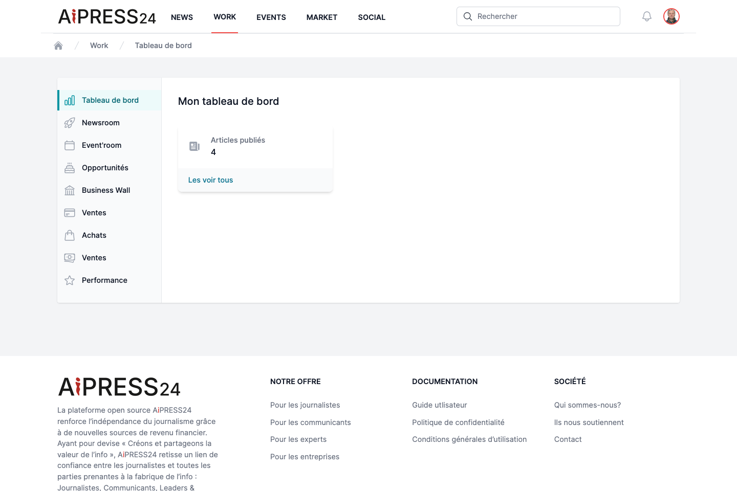 The Aipress24 interface once logged in